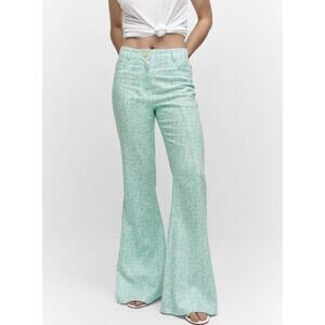 Mango Floral Linen-Blend Flare Pants Turquoise NWT Size 2/XS